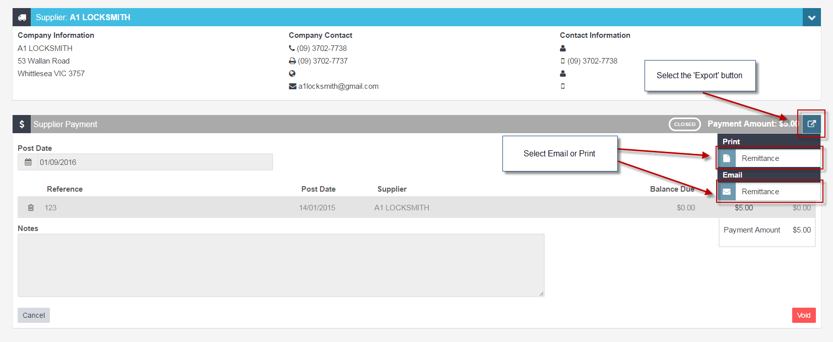 Workshop Software screen showing from there you can select to either print your remittance or email it