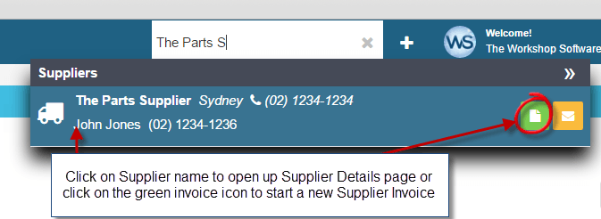 Workshop Software screen showing once the details of the supplier have come up you can then click on them to o…