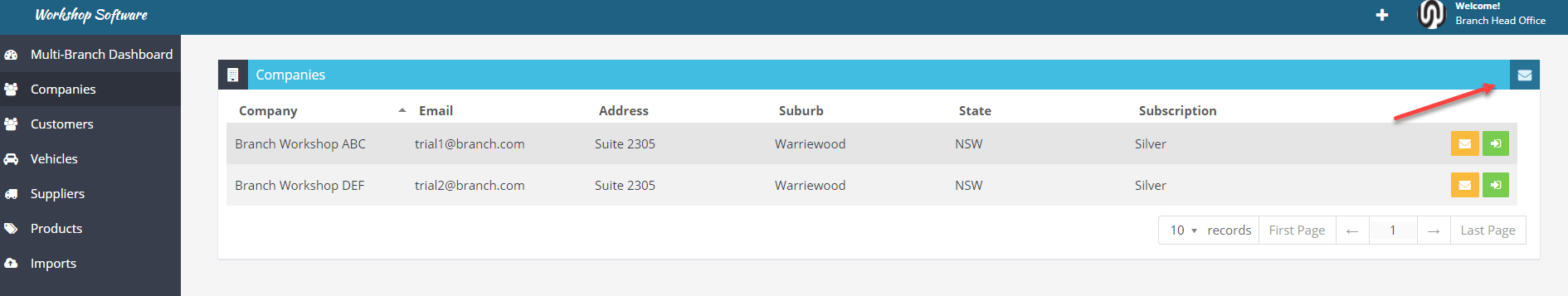 Workshop Software screen showing you can do this by clicking the ‘envelope’ button on the top right hand side