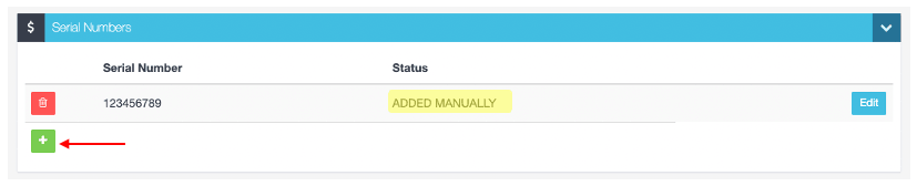 Workshop Software screen showing status of the serial number that was just added will now show “added manually”
