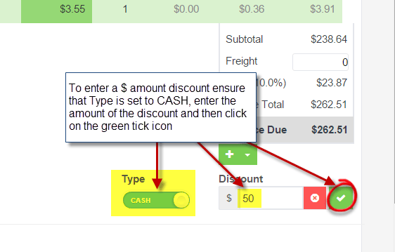 Workshop Software apply a discount to a customer invoice showing green ‘tick’ icon to apply the discount and then click on…