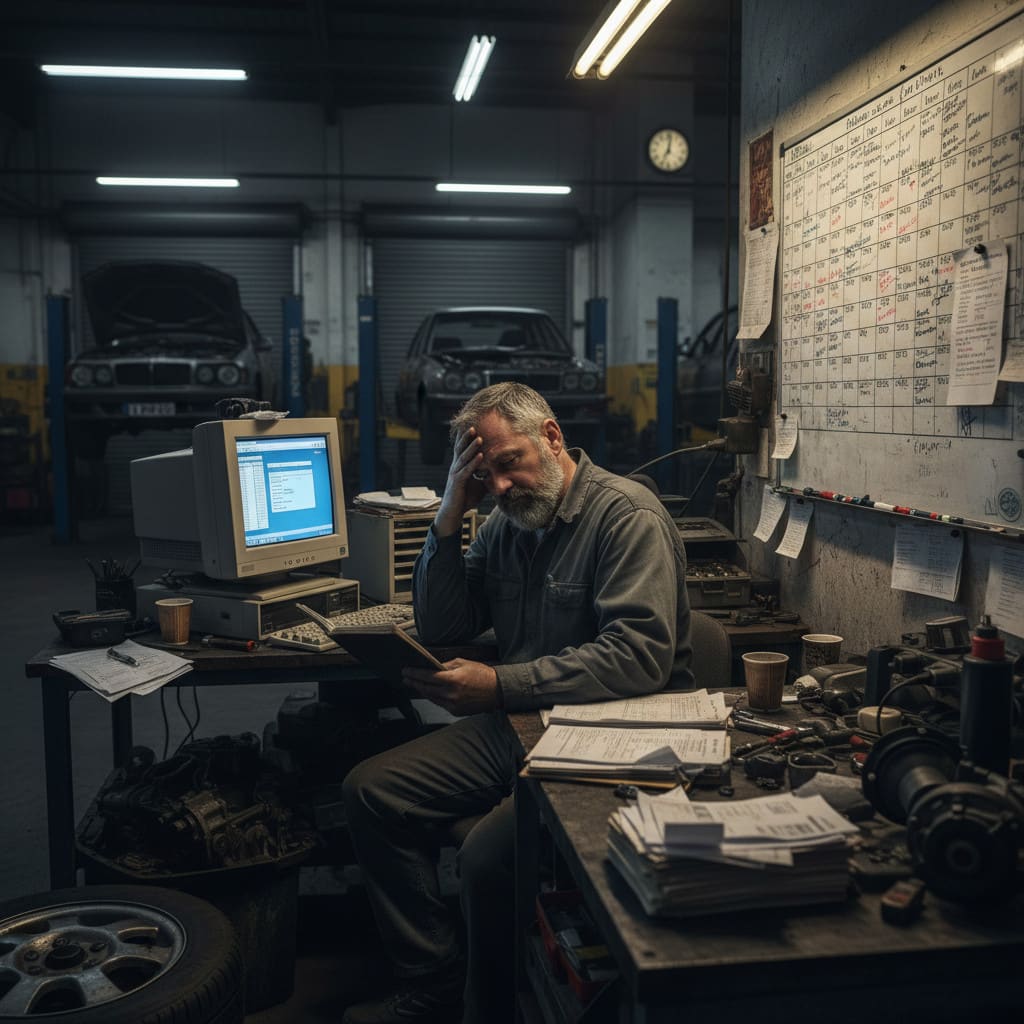 A tired mechanic sitting at a cluttered workbench in a dimly lit auto repair garage, holding his head in one hand while looking at paperwork, with tools, a computer, and cars being serviced in the background.