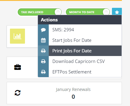 Workshop Software print all job cards for a specific day - gold only showing ‘print jobs for date’ from the drop down menu