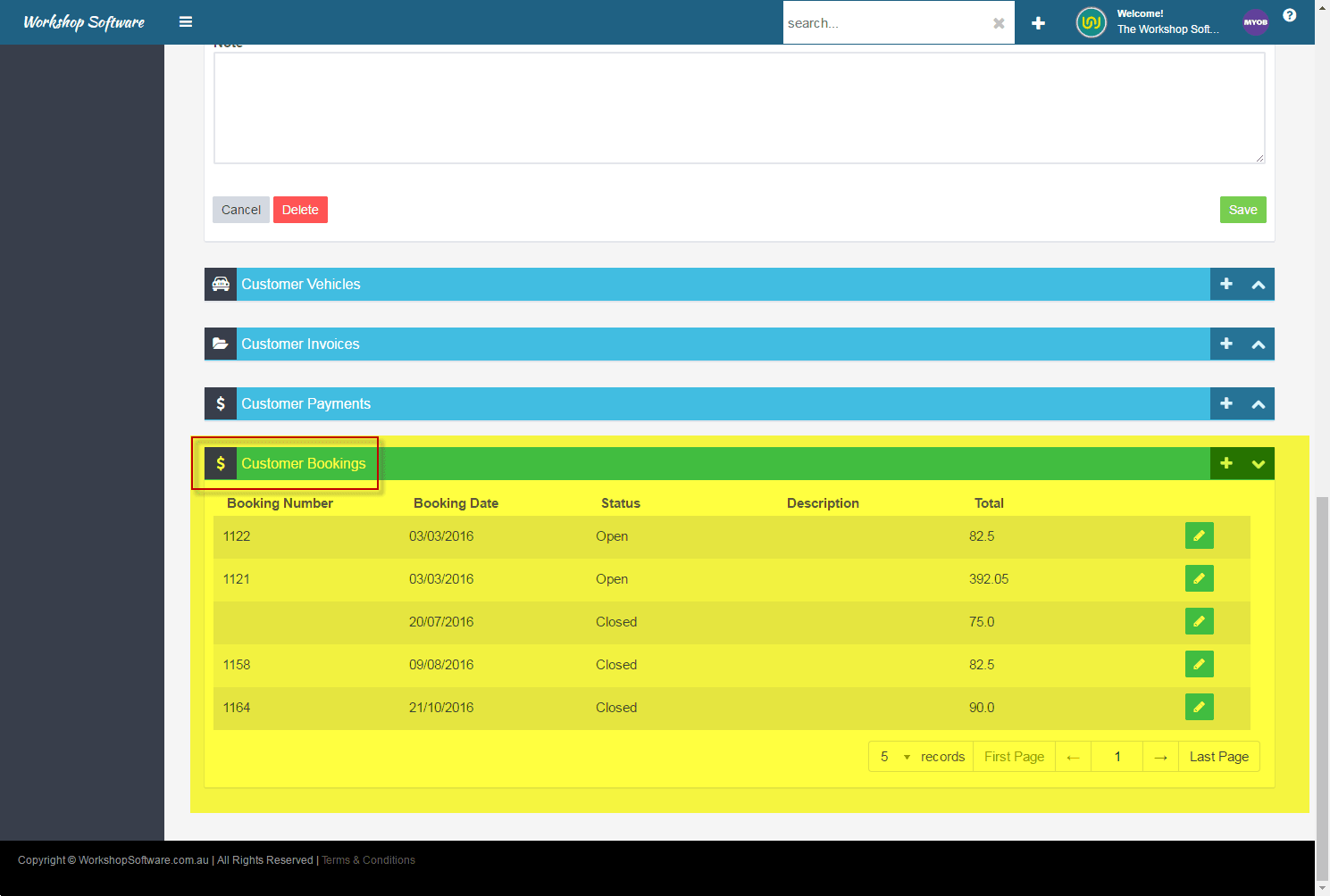 Workshop Software screen showing this tab lists all bookings related to that customer