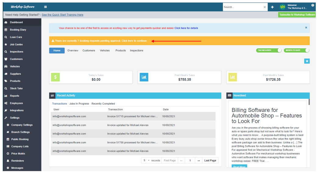 screenshot of dashboard showing booking request will appear in a yellow box above your dashboard tabs