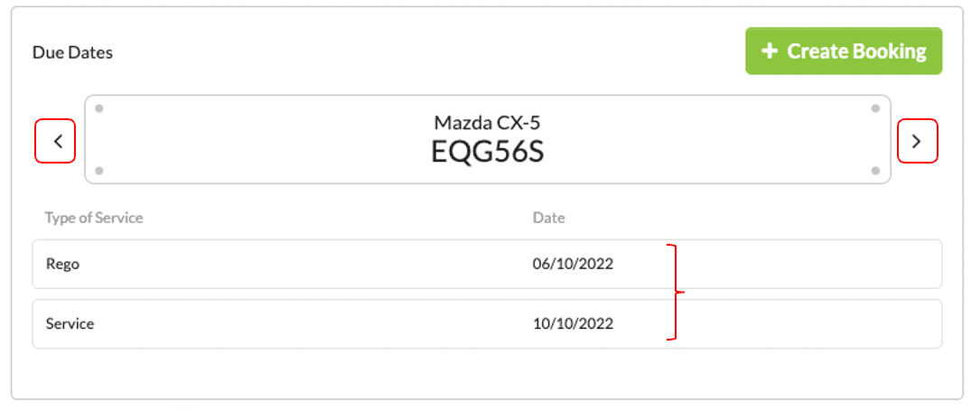 screenshot of customers vehicle details (rego, make, model, rego due date, next service date) click on arrows on either side of the card details to view other vehicles on file
