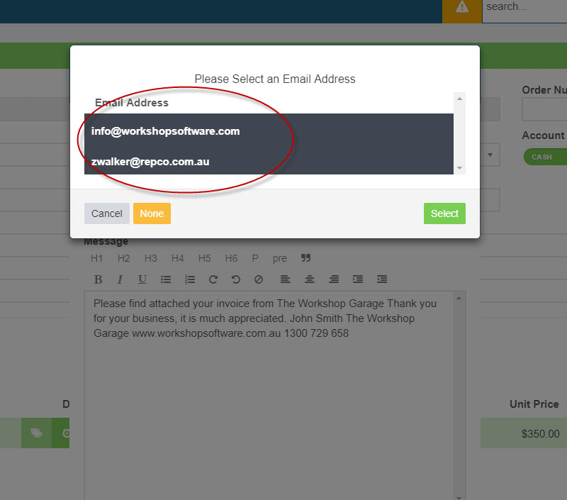 Workshop Software screen showing you can then select as many emails as you like, these need to be added and sa…
