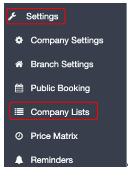 Workshop Software setup customer sources in workshop software showing ‘settings’ and then “company lists’