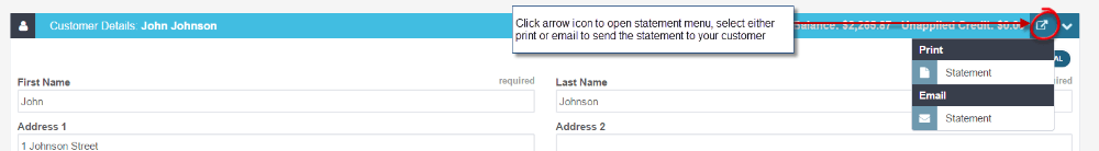 Workshop Software print/email a customer statement showing ‘arrow’ icon at the top right of the screen to open the stateme…