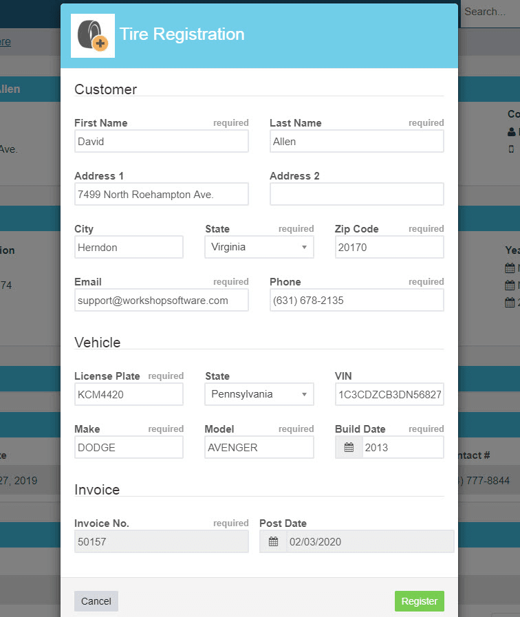 Workshop Software screen showing this recognizes the details you have added and if you press ’ register ’ it w…