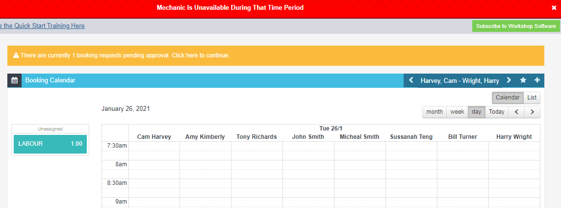 Workshop Software screen showing however if you trying to allocate a booking on that date you will receive a r…