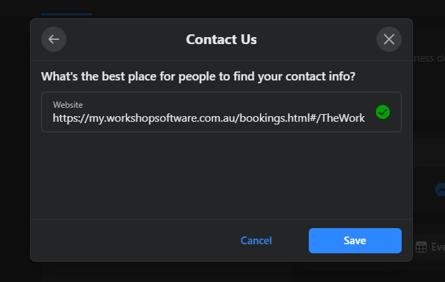 Workshop Software customer online bookings on facebook page showing your public booking url from workshop software