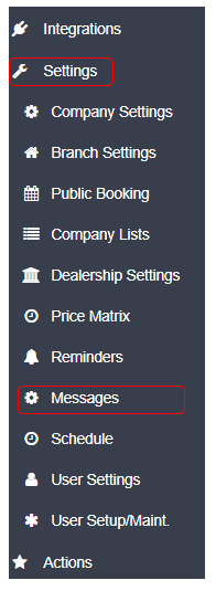 Workshop Software footers to a job card, customer invoice and customer statement showing ‘settings’ from the list of menu …