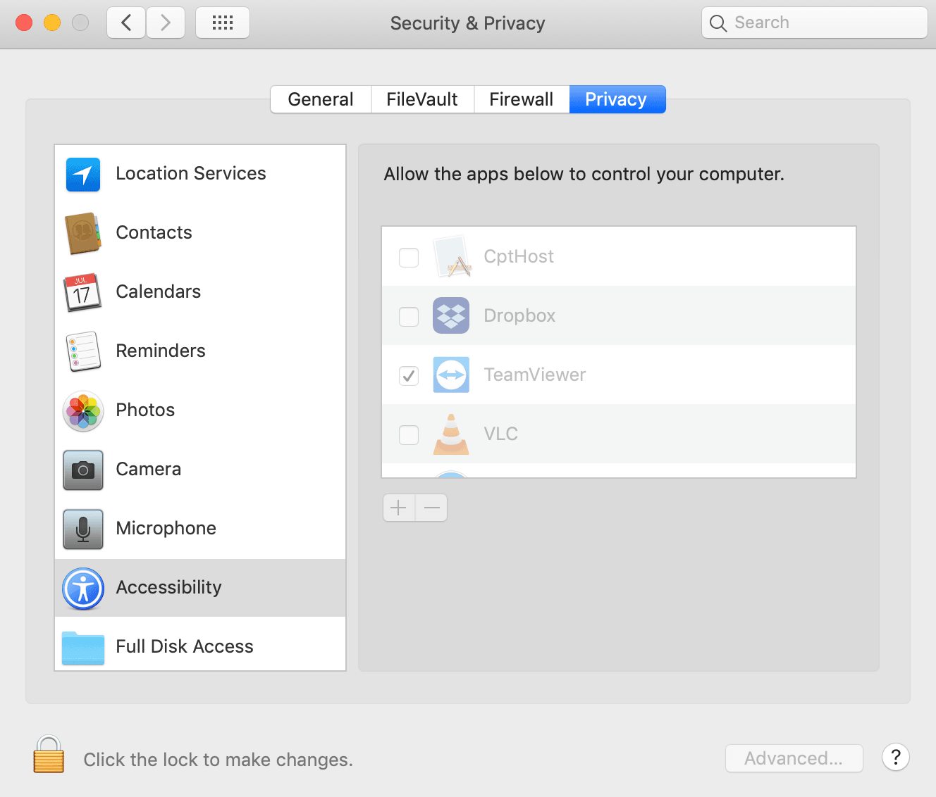 Workshop Software accessing teamviewer on a mac showing privacy tab and then the accessibility option