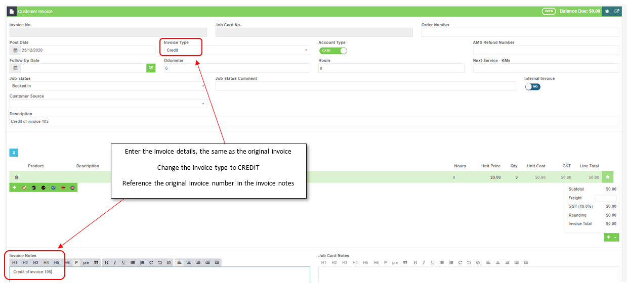 Workshop Software screen showing in the invoice notes section you can reference the original invoice number