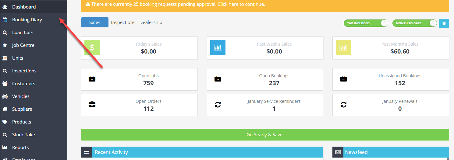 Workshop Software print all job cards for a specific day - gold only showing dashboard tab on the left hand side of worksh…