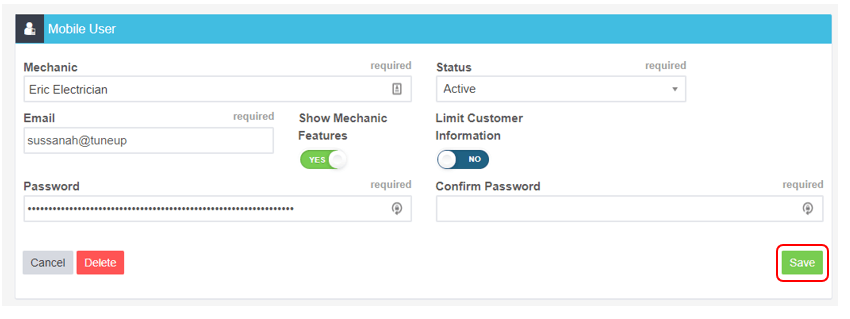 Workshop Software how to restrict customer detail access on mobile app showing green “ save “ button to save the changes y…