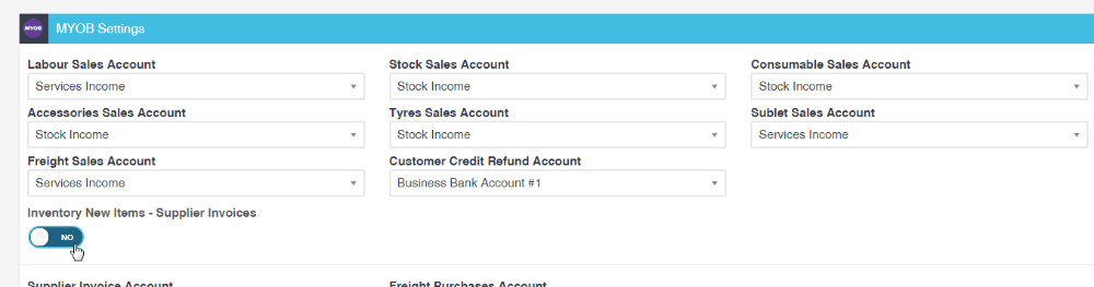 Workshop Software myob - adding a new product using the supplier invoice showing switch on “inventory new items - supplier…