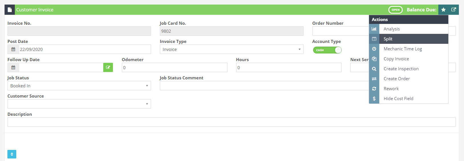 Workshop Software use the split invoice function showing ‘star’ button on the right hand side of the invoice and click ’sp…