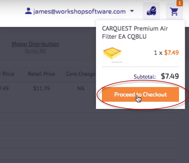 Workshop Software order parts through partstech showing ’ proceed to checkout ’ to finalize the order