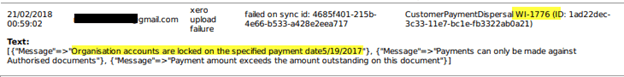 Workshop Software screen showing common error messages “organisation accounts are locked on the specified paym…