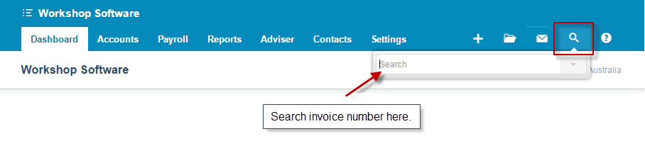 Workshop Software screen showing in the example error above, the invoice number had been highlighted