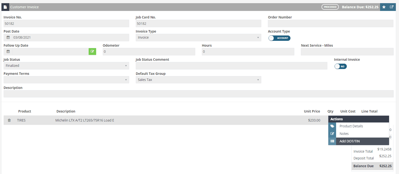 Workshop Software register dot/tin on a processed invoice showing ‘add dot/tin’