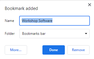 Workshop Software screen showing give your bookmark a name and leave the folder as 