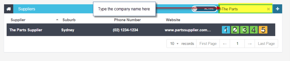 Workshop Software screen showing blue pencil icon - edit the supplier details (1) green invoice icon - create …