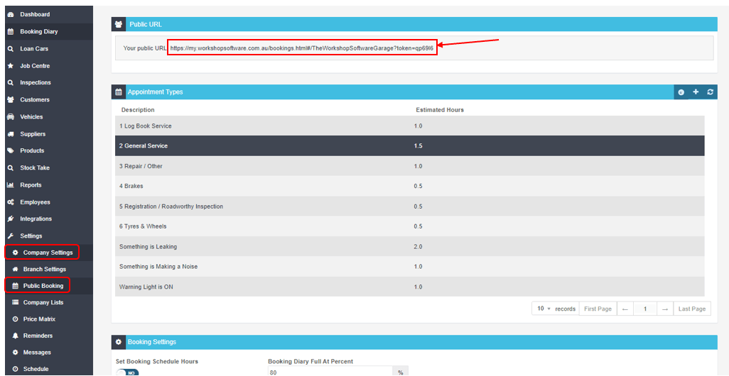 Click on Settings, Company Settings then Public Booking and copy the URL provided at the top of the screen