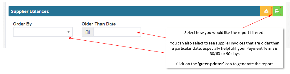 Workshop Software run a supplier balances report showing how you would like to filter the report - name, contact name, sta…