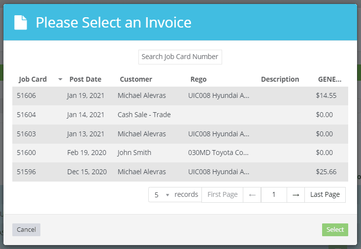 Workshop Software attach an item from a supplier to a customer invoice showing invoice you would like to attach the items to