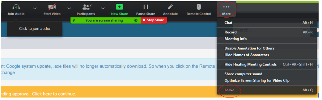 Workshop Software screen showing once your session concludes, to leave the meeting click on more option and se…