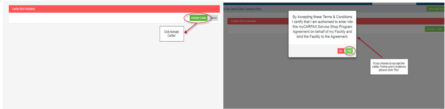 Activate Carfax button with Terms and Conditions acceptance prompt