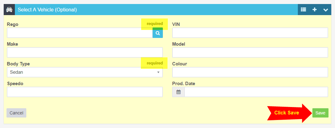 Completed vehicle record saved and visible in the customer vehicle list