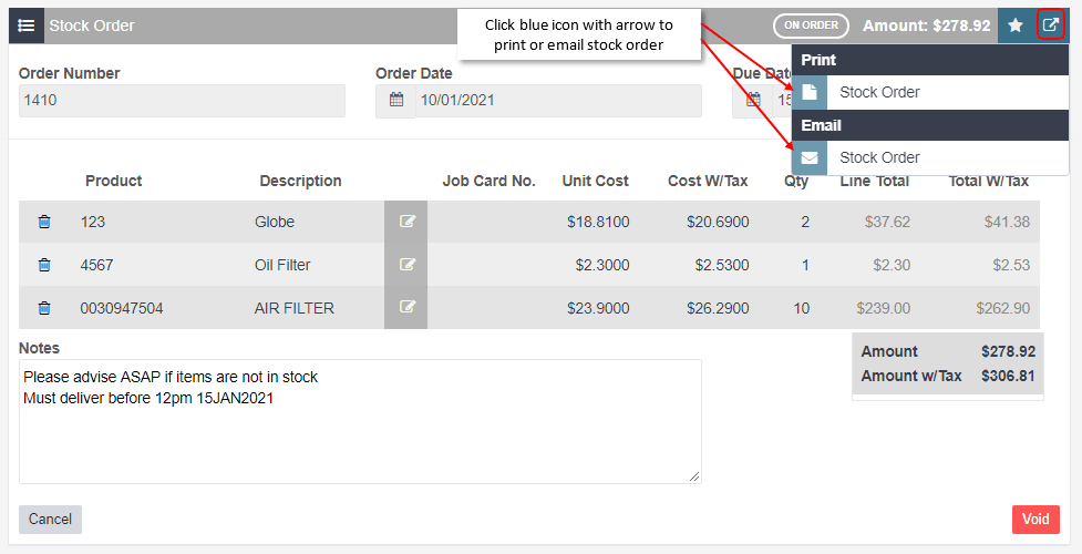 Workshop Software screen showing once the order is processed you can either print and fax or email the order t…