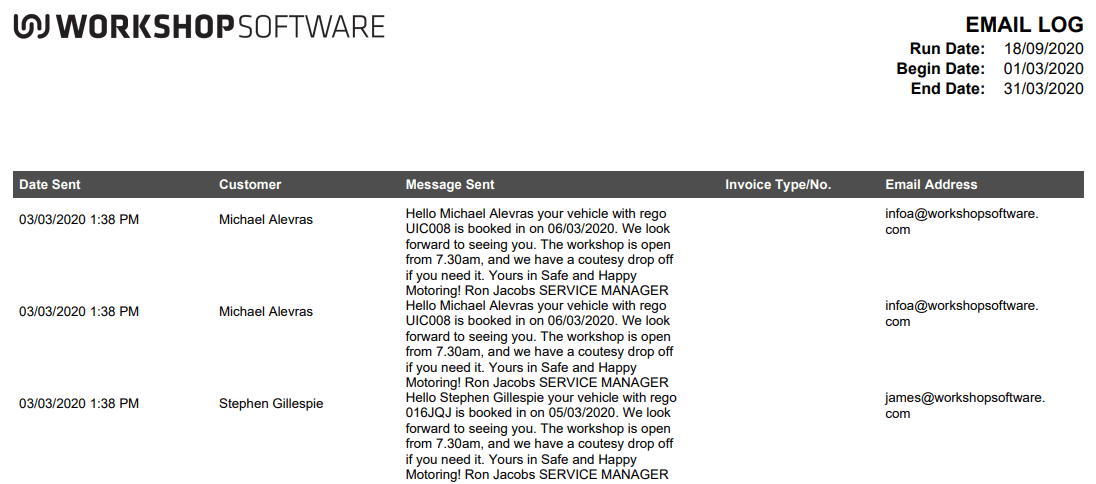 Workshop Software run a email log report showing date range you want the report to cover and then click on the ’green prin…