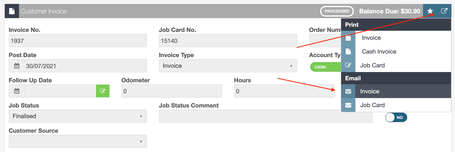Workshop Software stripe - sending your customers their invoice via email showing ‘arrow’ button on the top right of the i…