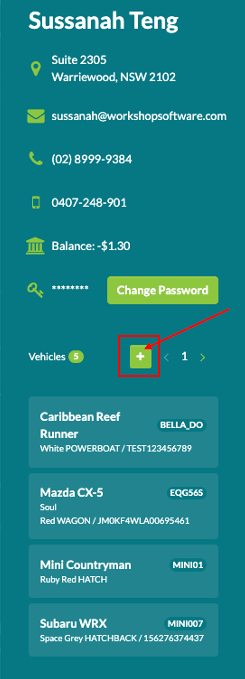Screenshot of the left hand menu bar of the customer portal, arrow point to + icon to add new vehicle details
