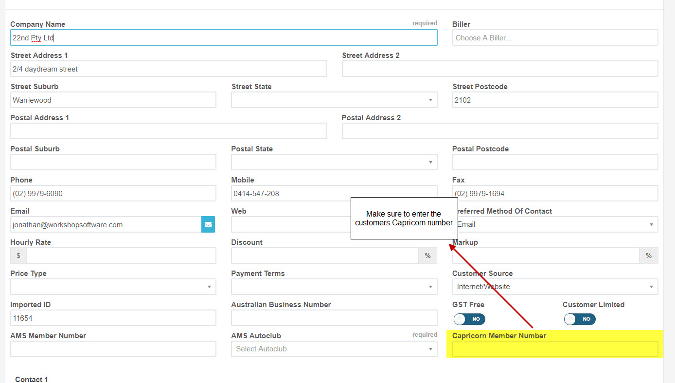Workshop Software screen showing go into the customer’s profile, enter their capricorn number in the capricorn…
