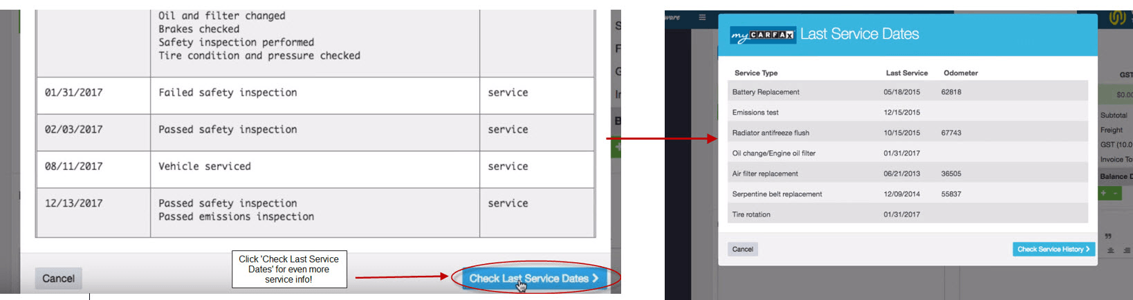 Carfax data displayed within the vehicle service history in Workshop Software