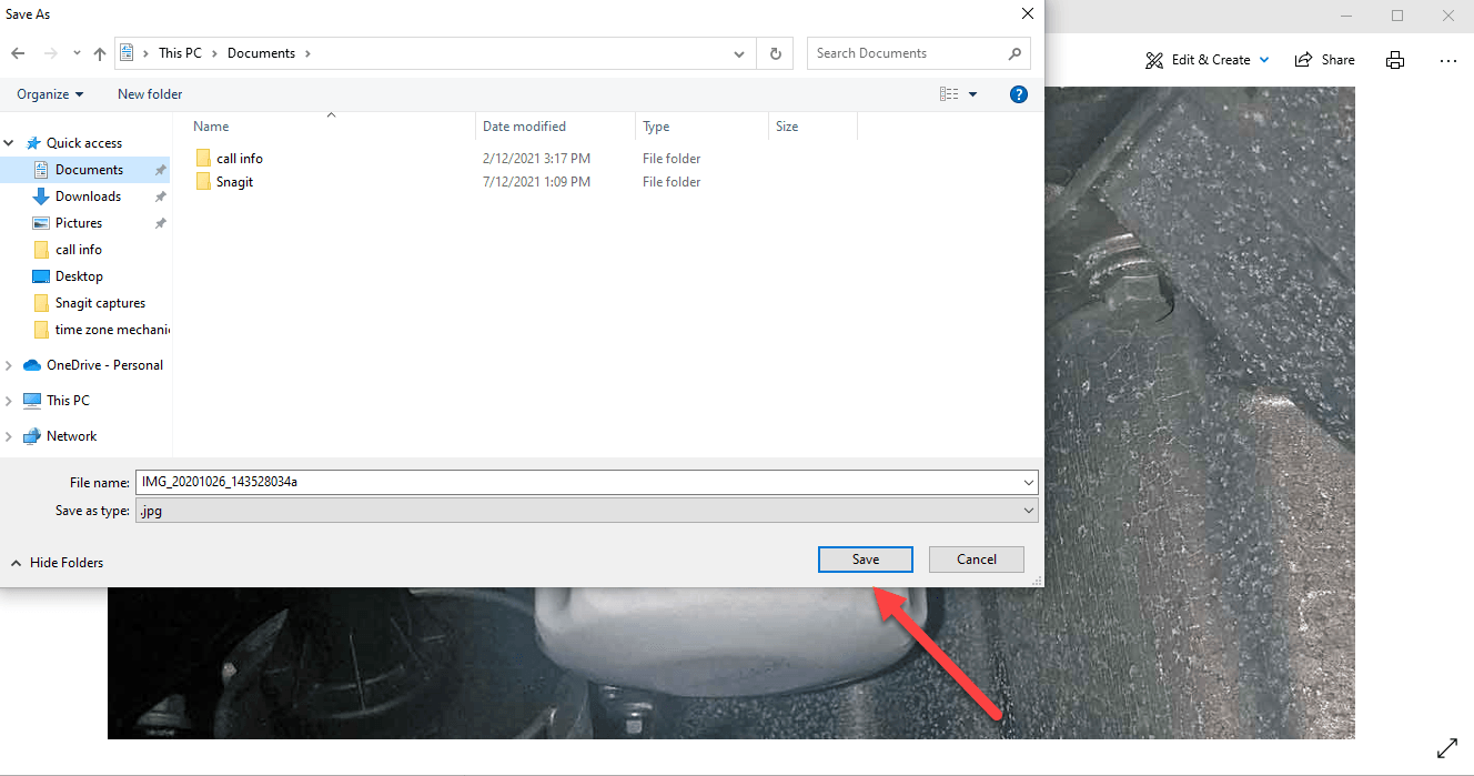 Screenshot of saving the resized image