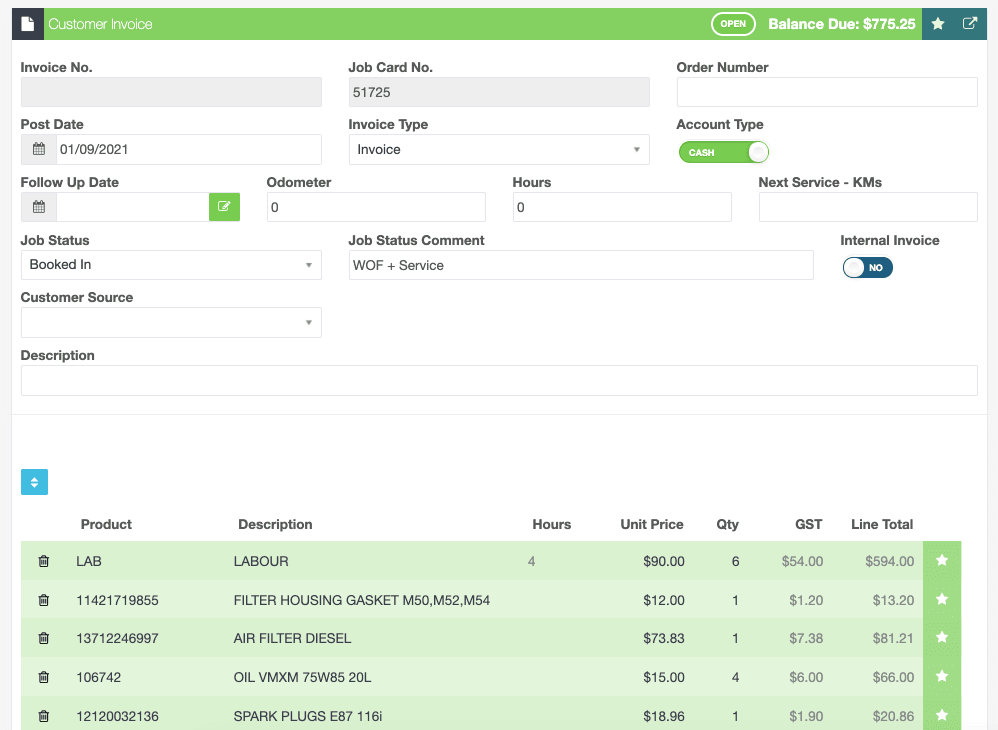 Workshop Software screen showing if you save the invoice with the unit cost hidden it will remain hidden on th…