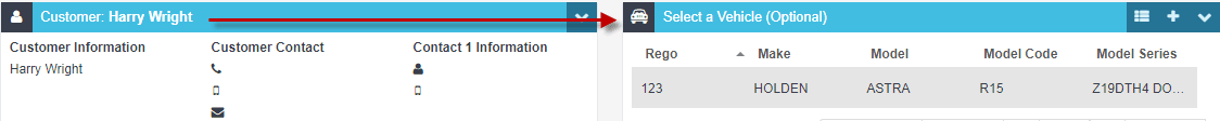 Workshop Software screen showing if the customer already has vehicles registered in the system, a list will ap…