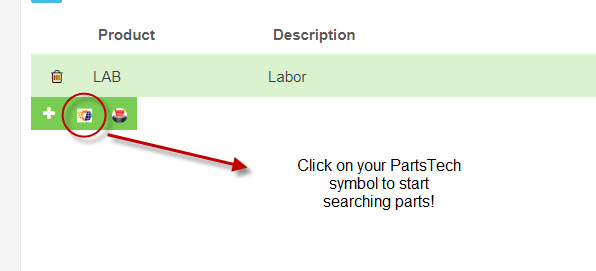 Workshop Software screen showing to start using partstech to grab parts go into an open job through your job c…