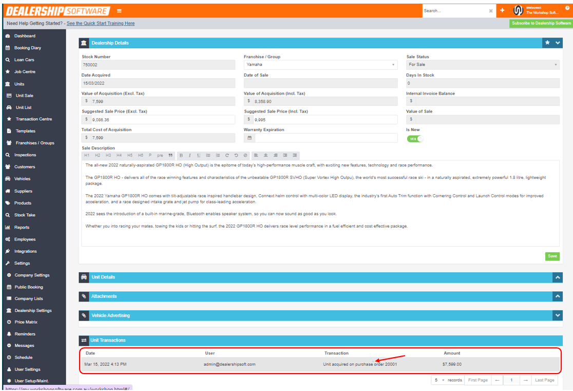 Workshop Software screen showing if you double click on any of these units, and scroll down to unit transactio…