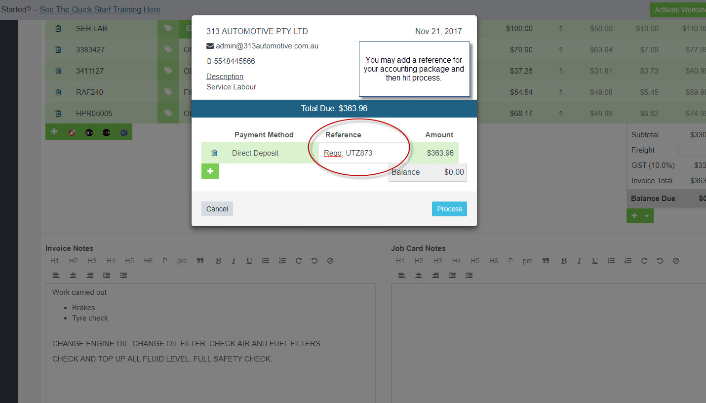 Workshop Software process payment on a cash invoice showing blue ‘process’ button