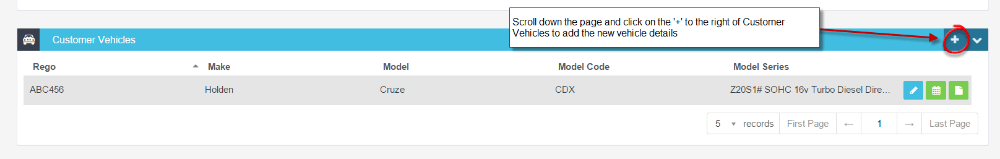Expanded vehicle entry form below the Customer Vehicles section