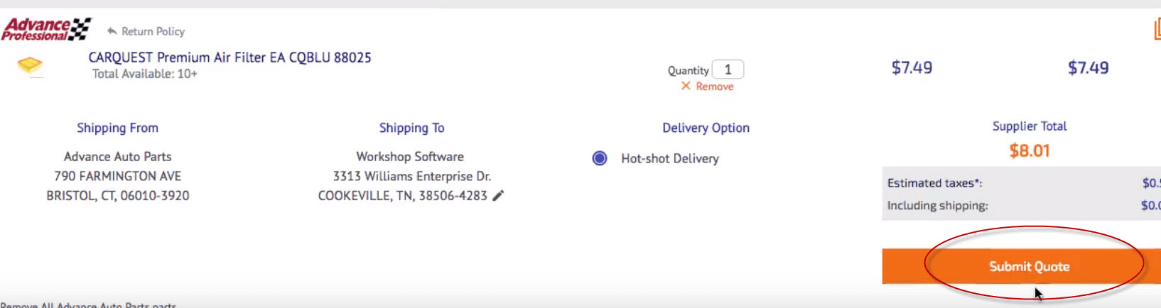 Workshop Software order parts through partstech showing ’ submit quote ’ to place the order