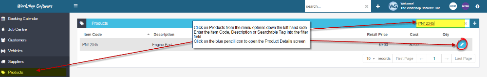 Workshop Software screen showing b) click on products from the menu options down the left hand side of the pag…
